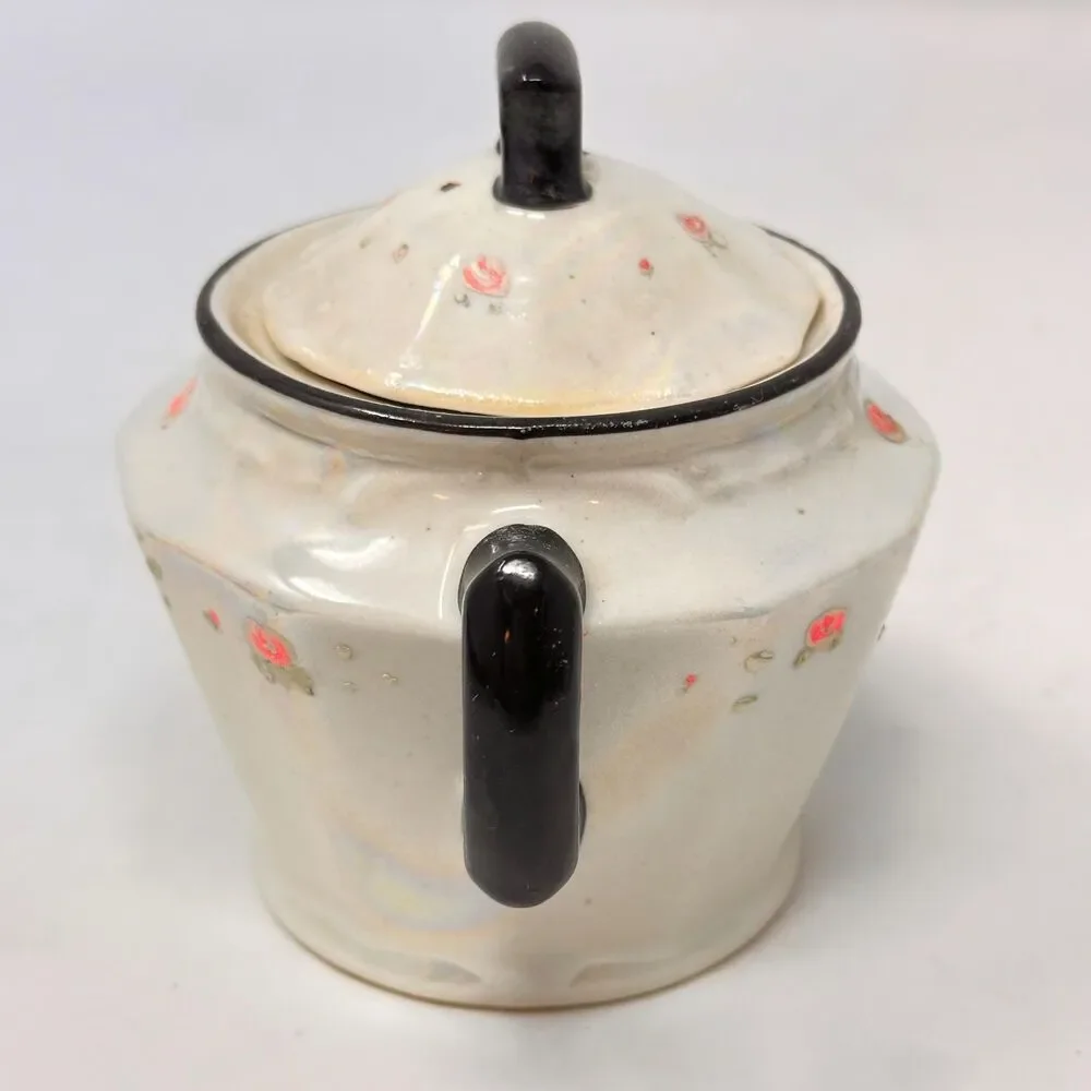Vintage Victoria Czechoslovakia Lusterware Sugar Bowl and Creamer Black Trim
